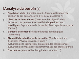 L'analyse du besoin (2)
4. Population visée ( Combien sont-ils ? leur qualification ? la
position de ces personnes vis-à-vis de ce problème ?)
5. Objectifs de la formation (Quels sont les objectifs de la
formation ? Ils peuvent être qualifiés de généraux ou
spécifiques. Exprimé sous la forme de : être capable + un verbe
d'action)
6. Eléments de contenu (et les méthodes pédagogiques
souhaitées)
7. Dispositif d’évaluation de la formation (Quels seront les
dispositifs d’évaluation mis en place ?
évaluation de la satisfaction, évaluation des connaissances,
évaluation de l’impact sur les performances des professionnels
8. Contraintes (temporelles, budgétaires, et autre …)
 