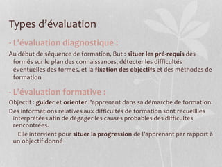 Types d’évaluation
- L’évaluation diagnostique :
Au début de séquence de formation, But : situer les pré-requis des
formés sur le plan des connaissances, détecter les difficultés
éventuelles des formés, et la fixation des objectifs et des méthodes de
formation
- L’évaluation formative :
Objectif : guider et orienter l’apprenant dans sa démarche de formation.
Des informations relatives aux difficultés de formation sont recueillies
interprétées afin de dégager les causes probables des difficultés
rencontrées.
Elle intervient pour situer la progression de l’apprenant par rapport à
un objectif donné
 