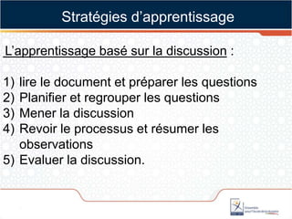 L’apprentissage basé sur la discussion :
1) lire le document et préparer les questions
2) Planifier et regrouper les questions
3) Mener la discussion
4) Revoir le processus et résumer les
observations
5) Evaluer la discussion.
Stratégies d’apprentissage
 