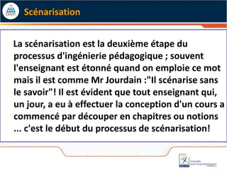 La scénarisation est la deuxième étape du
processus d'ingénierie pédagogique ; souvent
l'enseignant est étonné quand on emploie ce mot
mais il est comme Mr Jourdain :"Il scénarise sans
le savoir"! Il est évident que tout enseignant qui,
un jour, a eu à effectuer la conception d'un cours a
commencé par découper en chapitres ou notions
... c'est le début du processus de scénarisation!
Scénarisation
 