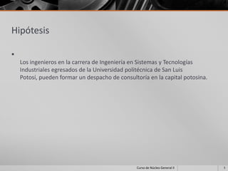 Hipótesis


    Los ingenieros en la carrera de Ingeniería en Sistemas y Tecnologías
    Industriales egresados de la Universidad politécnica de San Luis
    Potosí, pueden formar un despacho de consultoría en la capital potosina.




                                                Curso de Núcleo General II     3
 