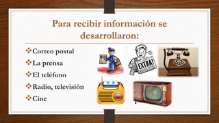 Para recibir información se
desarrollaron:
Correo postal
La prensa
El teléfono
Radio, televisión
Cine
 