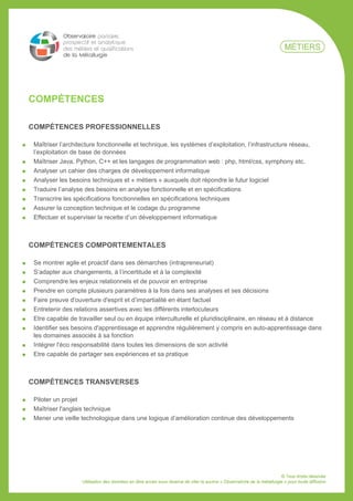 COMPÉTENCES
COMPÉTENCES PROFESSIONNELLES
Maîtriser l’architecture fonctionnelle et technique, les systèmes d’exploitation, l’infrastructure réseau,
l’exploitation de base de données
Maîtriser Java, Python, C++ et les langages de programmation web : php, html/css, symphony etc.
Analyser un cahier des charges de développement informatique
Analyser les besoins techniques et « métiers » auxquels doit répondre le futur logiciel
Traduire l’analyse des besoins en analyse fonctionnelle et en spécifications
Transcrire les spécifications fonctionnelles en spécifications techniques
Assurer la conception technique et le codage du programme
Effectuer et superviser la recette d’un développement informatique
COMPÉTENCES COMPORTEMENTALES
Se montrer agile et proactif dans ses démarches (intrapreneuriat)
S’adapter aux changements, à l’incertitude et à la complexité
Comprendre les enjeux relationnels et de pouvoir en entreprise
Prendre en compte plusieurs paramètres à la fois dans ses analyses et ses décisions
Faire preuve d'ouverture d'esprit et d’impartialité en étant factuel
Entretenir des relations assertives avec les différents interlocuteurs
Etre capable de travailler seul ou en équipe interculturelle et pluridisciplinaire, en réseau et à distance
Identifier ses besoins d'apprentissage et apprendre régulièrement y compris en auto-apprentissage dans
les domaines associés à sa fonction
Intégrer l'éco responsabilité dans toutes les dimensions de son activité
Etre capable de partager ses expériences et sa pratique
COMPÉTENCES TRANSVERSES
Piloter un projet
Maîtriser l'anglais technique
Mener une veille technologique dans une logique d’amélioration continue des développements
 