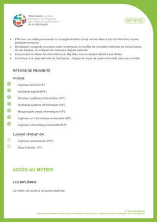 Effectuer une veille permanente sur la réglementation et les normes liées à son activité et les risques
juridiques encourus
Développer l'usage de nouveaux outils numériques et insuffler de nouvelles méthodes de travail auprès
de ses équipes, en intégrant de nouveaux risques associés
Comprendre et utiliser les informations du Big Data, tout en restant attentif à ses limites
Contribuer à la cyber-sécurité de l'entreprise : intégrer le risque de cyber-criminalité dans ses activités
MÉTIERS DE PROXIMITÉ
PROCHE
Ingénieur UX/UI (H/F)
Architecte logiciel (H/F)
Directeur systèmes d'information (H/F)
Architecte système d'information (H/F)
Responsable projet informatique (H/F)
Ingénieur en informatique embarquée (H/F)
Ingénieur informatique industrielle (H/F)
ÉLOIGNÉ / ÉVOLUTION
Ingénieur automaticien (H/F)
Data Scientist (H/F)
ACCÈS AU MÉTIER
LES DIPLÔMES
Ce métier est ouvert à de jeunes diplômés.
 