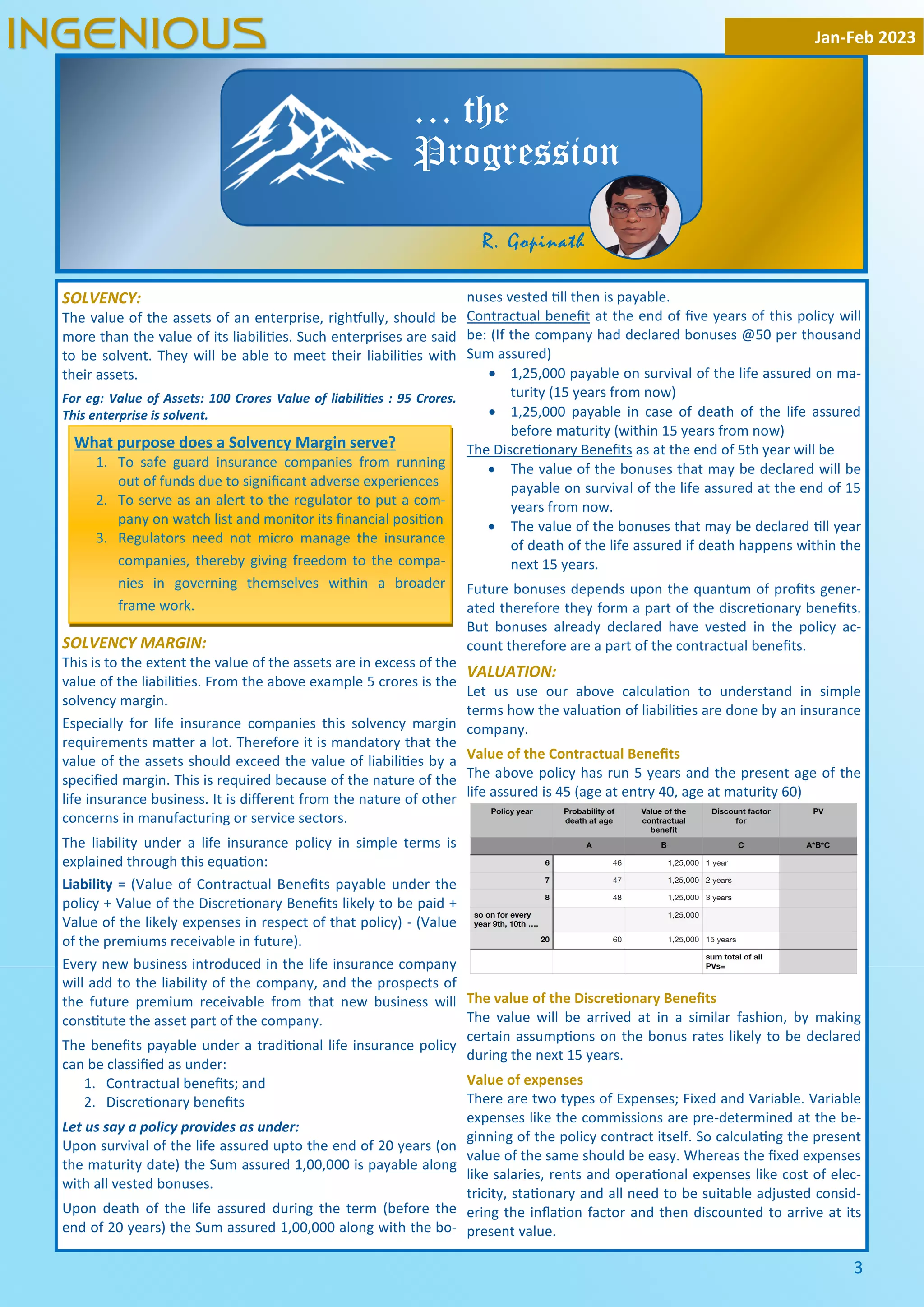 3
SOLVENCY:
The value of the assets of an enterprise, righ ully, should be
more than the value of its liabili es. Such enterprises are said
to be solvent. They will be able to meet their liabili es with
their assets.
For eg: Value of Assets: 100 Crores Value of liabili es : 95 Crores.
This enterprise is solvent.
SOLVENCY MARGIN:
This is to the extent the value of the assets are in excess of the
value of the liabili es. From the above example 5 crores is the
solvency margin.
Especially for life insurance companies this solvency margin
requirements ma er a lot. Therefore it is mandatory that the
value of the assets should exceed the value of liabili es by a
speciﬁed margin. This is required because of the nature of the
life insurance business. It is diﬀerent from the nature of other
concerns in manufacturing or service sectors.
The liability under a life insurance policy in simple terms is
explained through this equa on:
Liability = (Value of Contractual Beneﬁts payable under the
policy + Value of the Discre onary Beneﬁts likely to be paid +
Value of the likely expenses in respect of that policy) - (Value
of the premiums receivable in future).
Every new business introduced in the life insurance company
will add to the liability of the company, and the prospects of
the future premium receivable from that new business will
cons tute the asset part of the company.
The beneﬁts payable under a tradi onal life insurance policy
can be classiﬁed as under:
1. Contractual beneﬁts; and
2. Discre onary beneﬁts
Let us say a policy provides as under:
Upon survival of the life assured upto the end of 20 years (on
the maturity date) the Sum assured 1,00,000 is payable along
with all vested bonuses.
Upon death of the life assured during the term (before the
end of 20 years) the Sum assured 1,00,000 along with the bo-
nuses vested ll then is payable.
Contractual beneﬁt at the end of ﬁve years of this policy will
be: (If the company had declared bonuses @50 per thousand
Sum assured)
· 1,25,000 payable on survival of the life assured on ma-
turity (15 years from now)
· 1,25,000 payable in case of death of the life assured
before maturity (within 15 years from now)
The Discre onary Beneﬁts as at the end of 5th year will be
· The value of the bonuses that may be declared will be
payable on survival of the life assured at the end of 15
years from now.
· The value of the bonuses that may be declared ll year
of death of the life assured if death happens within the
next 15 years.
Future bonuses depends upon the quantum of proﬁts gener-
ated therefore they form a part of the discre onary beneﬁts.
But bonuses already declared have vested in the policy ac-
count therefore are a part of the contractual beneﬁts.
VALUATION:
Let us use our above calcula on to understand in simple
terms how the valua on of liabili es are done by an insurance
company.
Value of the Contractual Beneﬁts
The above policy has run 5 years and the present age of the
life assured is 45 (age at entry 40, age at maturity 60)
The value of the Discre onary Beneﬁts
The value will be arrived at in a similar fashion, by making
certain assump ons on the bonus rates likely to be declared
during the next 15 years.
Value of expenses
There are two types of Expenses; Fixed and Variable. Variable
expenses like the commissions are pre-determined at the be-
ginning of the policy contract itself. So calcula ng the present
value of the same should be easy. Whereas the ﬁxed expenses
like salaries, rents and opera onal expenses like cost of elec-
tricity, sta onary and all need to be suitable adjusted consid-
ering the inﬂa on factor and then discounted to arrive at its
present value.
Jan-Feb 2023
INGENIOUS
… the
Progression
What purpose does a Solvency Margin serve?
1. To safe guard insurance companies from running
out of funds due to signiﬁcant adverse experiences
2. To serve as an alert to the regulator to put a com-
pany on watch list and monitor its ﬁnancial posi on
3. Regulators need not micro manage the insurance
companies, thereby giving freedom to the compa-
nies in governing themselves within a broader
frame work.
R. Gopinath
 