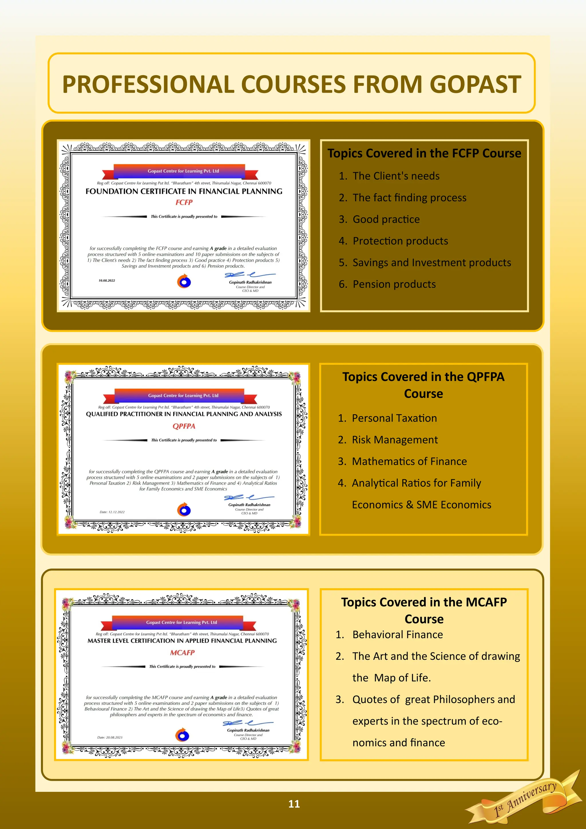 11
Topics Covered in the FCFP Course
1. The Client's needs
2. The fact ﬁnding process
3. Good prac ce
4. Protec on products
5. Savings and Investment products
6. Pension products
Topics Covered in the QPFPA
Course
1. Personal Taxa on
2. Risk Management
3. Mathema cs of Finance
4. Analy cal Ra os for Family
Economics & SME Economics
Topics Covered in the MCAFP
Course
1. Behavioral Finance
2. The Art and the Science of drawing
the Map of Life.
3. Quotes of great Philosophers and
experts in the spectrum of eco-
nomics and ﬁnance
PROFESSIONAL COURSES FROM GOPAST
 