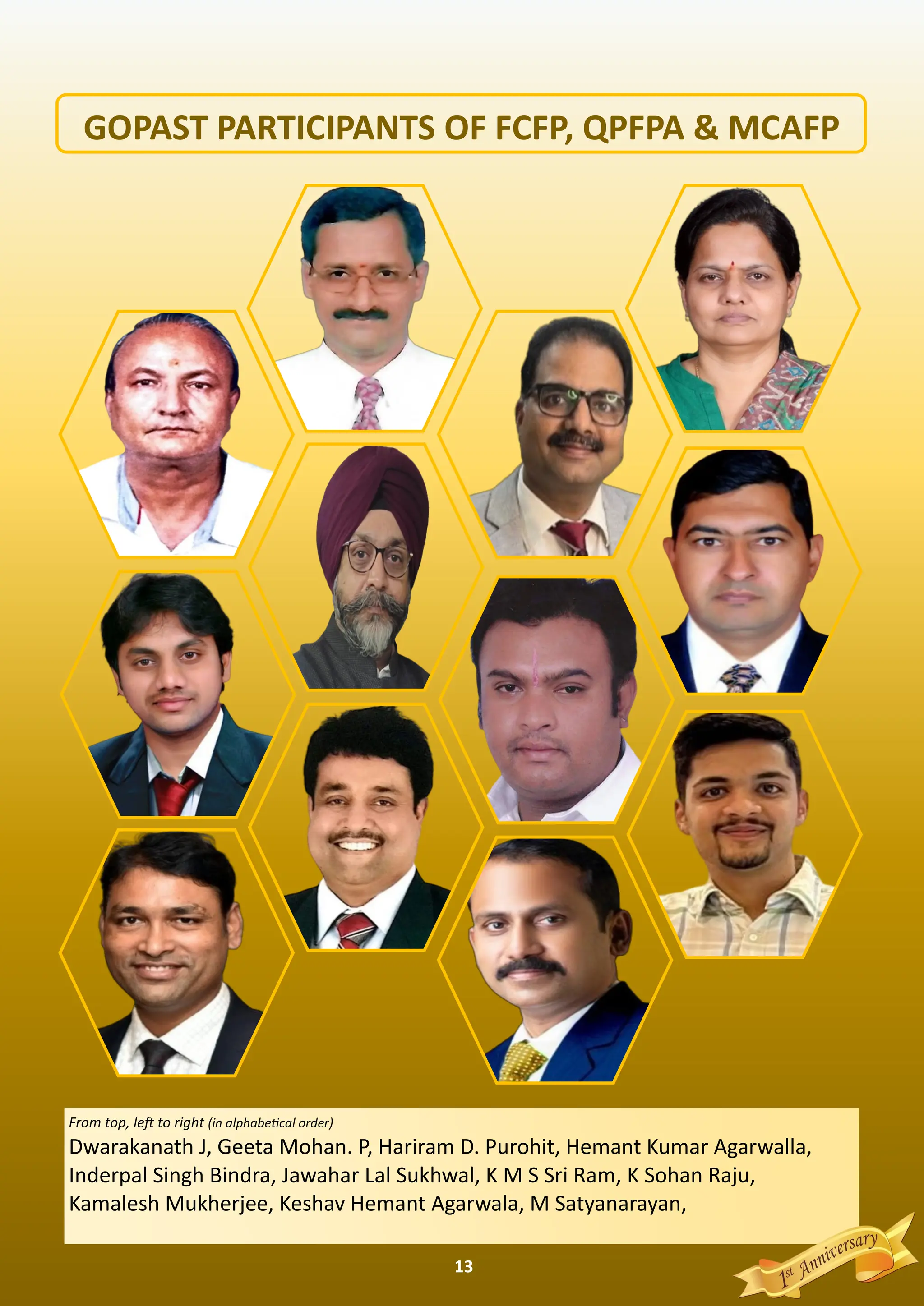 13
From top, le to right (in alphabe cal order)
Dwarakanath J, Geeta Mohan. P, Hariram D. Purohit, Hemant Kumar Agarwalla,
Inderpal Singh Bindra, Jawahar Lal Sukhwal, K M S Sri Ram, K Sohan Raju,
Kamalesh Mukherjee, Keshav Hemant Agarwala, M Satyanarayan,
GOPAST PARTICIPANTS OF FCFP, QPFPA & MCAFP
 