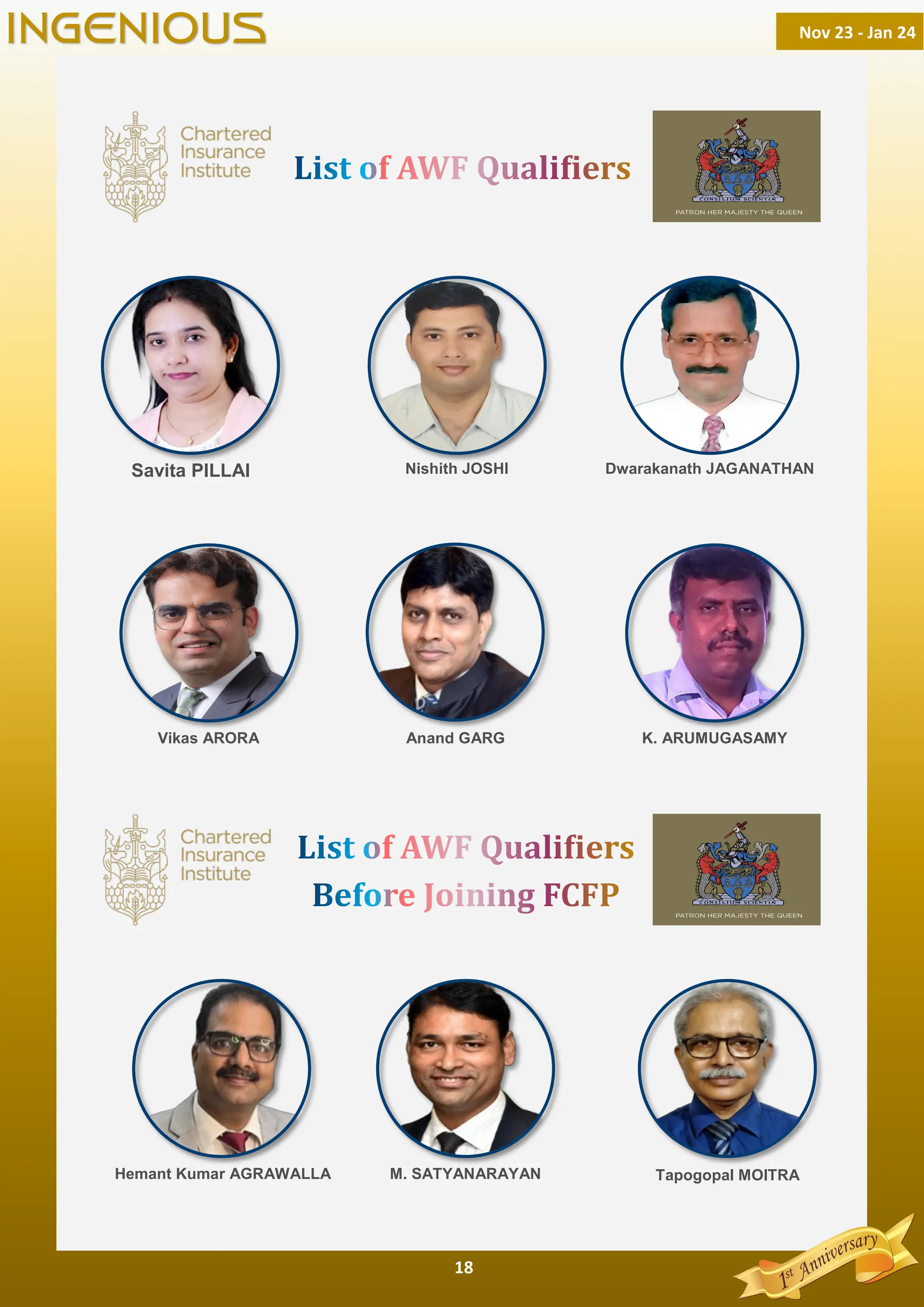 18
Nov 23 - Jan 24
INGENIOUS
Savita PILLAI Nishith JOSHI Dwarakanath JAGANATHAN
Vikas ARORA Anand GARG K. ARUMUGASAMY
Hemant Kumar AGRAWALLA M. SATYANARAYAN Tapogopal MOITRA
 