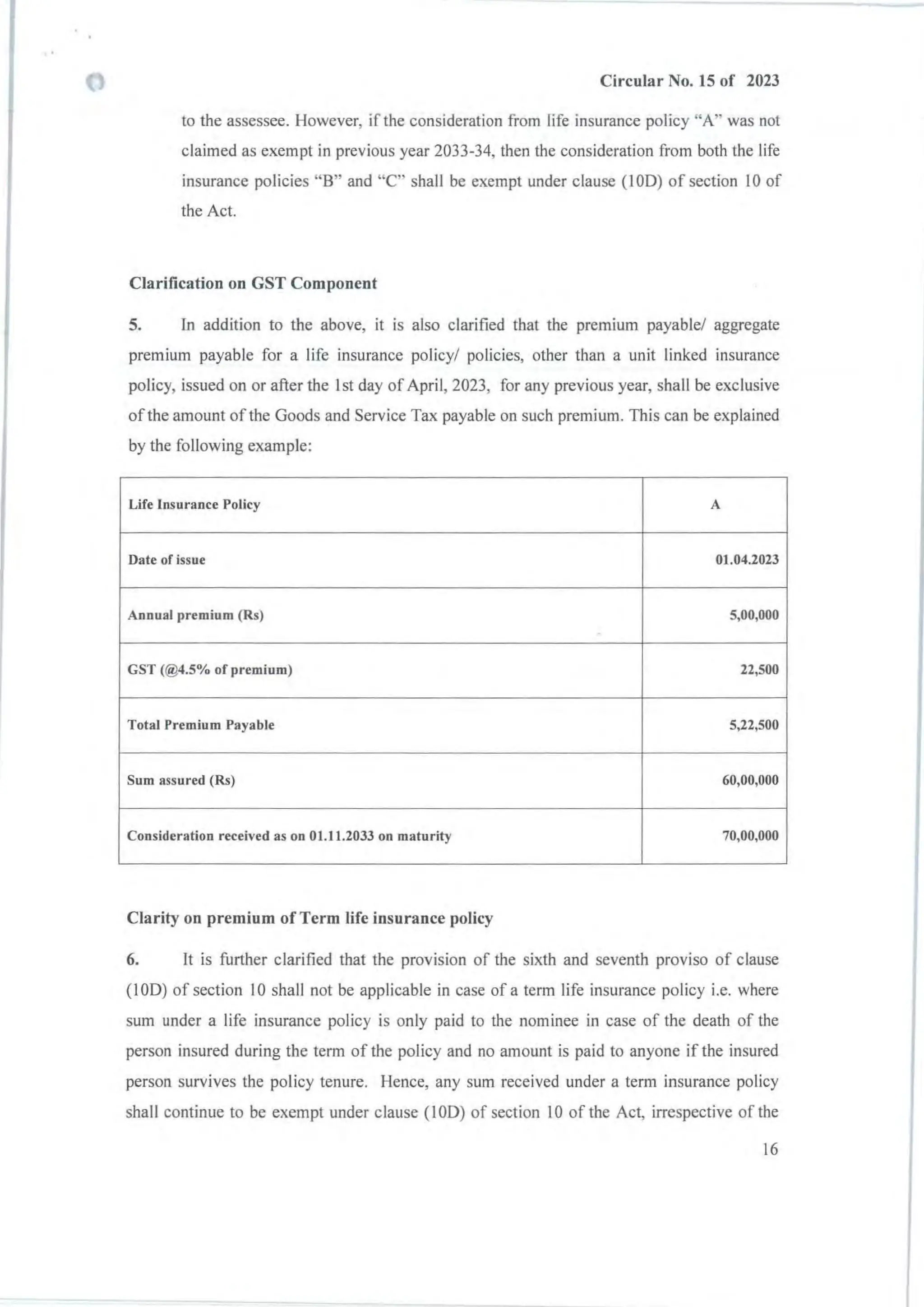 Circular No. 15 of 2023
to the assessee. However, if the consideration from life insurance policy "A" was not
claimed as exempt in previous year 2033-34, then the consideration from both the life
insurance policies "8" and "e" shall be exempt under clause (IOD) of section 10 of
the Act.
Clarification on GST Component
5. In addition to the above, it is also clarified that the premium payable/ aggregate
premium payable for a life insurance policy/ policies, other than a unit linked insurance
policy, issued on or after the Ist day of April, 2023, for any previous year, shall be exclusive
of the amount of the Goods and Service Tax payable on such premium. This can be explained
by the following example:
Life Insurance Policy A
Date of issue 01.04.2023
Annual premium (Rs) 5,00,000
,
GST (@4.5% of premium) 22,500
Total Premium Payable 5,22,500
Sum assured (Rs) 60,00,000
Consideration received as on 01.11.2033 on maturity 70,00,000
Clarity on premium of Term life insurance policy
6. It is further clarified that the provision of the sixth and seventh proviso of clause
(lOD) of section 10 shall not be applicable in case of a term life insurance policy i.e. where
sum under a life insurance policy is only paid to the nominee in case of the death of the
person insured during the term of the policy and no amount is paid to anyone if the insured
person survives the policy tenure. Hence, any sum received under a term insurance policy
shall continue to be exempt under clause (IOD) of section 10 of the Act, irrespective of the
16
- -
 