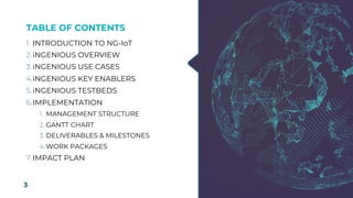 TABLE OF CONTENTS
1. INTRODUCTION TO NG-IoT
2.iNGENIOUS OVERVIEW
3.iNGENIOUS USE CASES
4.iNGENIOUS KEY ENABLERS
5.iNGENIOUS TESTBEDS
6.IMPLEMENTATION
1. MANAGEMENT STRUCTURE
2. GANTT CHART
3. DELIVERABLES & MILESTONES
4.WORK PACKAGES
7.IMPACT PLAN
3
 