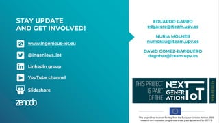 This project has received funding from the European Union’s Horizon 2020
research and innovation programme under grant agreement No 957216
STAY UPDATE
AND GET INVOLVED!
www.ingenious-iot.eu
@ingenious_iot
Linkedin group
YouTube channel
Slideshare
EDUARDO GARRO
edgarcre@iteam.upv.es
NURIA MOLNER
numolsiu@iteam.upv.es
DAVID GOMEZ-BARQUERO
dagobar@iteam.upv.es
 