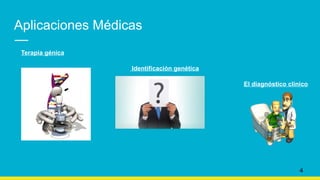 Aplicaciones Médicas
Terapia génica
Identificación genética
El diagnóstico clínico
4
 
