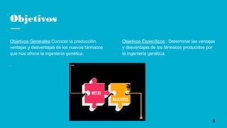 Objetivos
Objetivos Generales:Conocer la producción,
ventajas y desventajas de los nuevos fármacos
que nos ofrece la ingeniería genética.
.
Objetivos Específicos : Determinar las ventajas
y desventajas de los fármacos producidos por
la ingeniería genética.
8
 