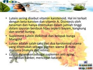 • Lutein sering disebut vitamin karotenoid. Hal ini terkait
dengan beta-karoten dan vitamin A. Disintesis oleh
tanaman dan hanya ditemukan dalam jumlah tinggi
dalam sayuran berdaun hijau seperti bayam, kangkung
dan wortel kuning.
• Suplement Lutein diekstrak dari kelopak bunga
Marigold
• Lutein adalah salah satu dari dua karotenoid utama
yang ditemukan sebagai pigmen warna di mata
manusia (makula dan retina)
• Lutein digunakan sebagai suplemen anti aging,
mengobati kanker, mencegah katarak
 