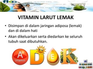 VITAMIN LARUT LEMAK
• Disimpan di dalam jaringan adiposa (lemak)
dan di dalam hati
• Akan dikeluarkan serta diedarkan ke seluruh
tubuh saat dibutuhkan.
 
