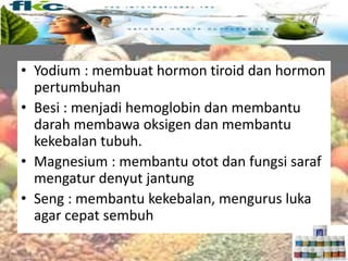 Mineral
• Yodium : membuat hormon tiroid dan hormon
pertumbuhan
• Besi : menjadi hemoglobin dan membantu
darah membawa oksigen dan membantu
kekebalan tubuh.
• Magnesium : membantu otot dan fungsi saraf
mengatur denyut jantung
• Seng : membantu kekebalan, mengurus luka
agar cepat sembuh
 