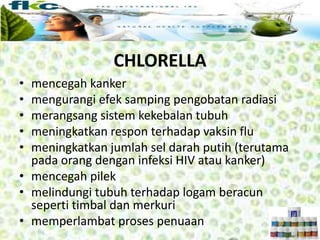 • mencegah kanker
• mengurangi efek samping pengobatan radiasi
• merangsang sistem kekebalan tubuh
• meningkatkan respon terhadap vaksin flu
• meningkatkan jumlah sel darah putih (terutama
pada orang dengan infeksi HIV atau kanker)
• mencegah pilek
• melindungi tubuh terhadap logam beracun
seperti timbal dan merkuri
• memperlambat proses penuaan
CHLORELLA
 