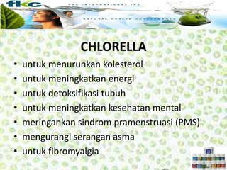 • untuk menurunkan kolesterol
• untuk meningkatkan energi
• untuk detoksifikasi tubuh
• untuk meningkatkan kesehatan mental
• meringankan sindrom pramenstruasi (PMS)
• mengurangi serangan asma
• untuk fibromyalgia
CHLORELLA
 