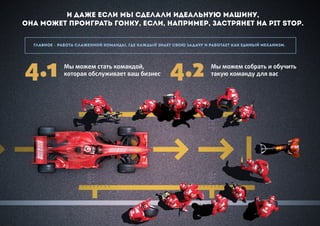 И даже если мы сделали идеальную машину,
она может проиграть гонку, если, например, застрянет на PIT STOP.
Мы можем стать командой,
которая обслуживает ваш бизнес4.1 Мы можем собрать и обучить
такую команду для вас4.2
Главное – работа слаженной команды, где каждый знает свою задачу и работает как единый механизм.
 