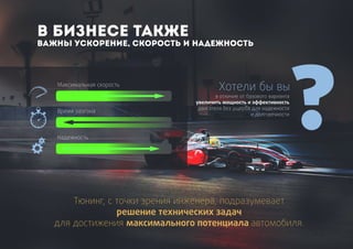 Тюнинг, с точки зрения инженера, подразумевает
решение технических задач
для достижения максимального потенциала автомобиля.
В бизнесе также
важны ускорение, скорость и надежность
?в отличие от базового варианта
увеличить мощность и эффективность
двигателя без ущерба для надежности
и долговечности
Максимальная скорость
Время разгона
Надежность
Хотели бы вы
 