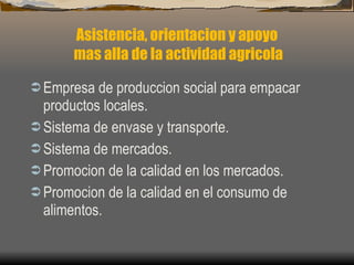 Asistencia, orientacion y apoyo  mas alla de la actividad agricola Empresa de produccion social para empacar productos locales. Sistema de envase y transporte. Sistema de mercados. Promocion de la calidad en los mercados. Promocion de la calidad en el consumo de alimentos. 