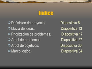 Indice Definicion de proyecto.  Diapositiva 6 Lluvia de ideas.  Diapositiva 13 Priorizacion de problemas.  Diapositiva 17 Arbol de problemas.  Diapositiva 27 Arbol de objetivos.  Diapositiva 30 Marco logico.  Diapositiva 34 