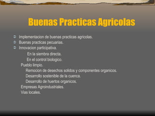 Buenas Practicas Agricolas Implementacion de buenas practicas agricolas. Buenas practicas pecuarias. Innovacion participativa.   En la siembra directa. En el control biologico. Pueblo limpio. Remocion de desechos solidos y componentes organicos. Desarrollo sostenible de la cuenca. Desarrollo de huertos organicos. Empresas Agroindustriales. Vias locales. 