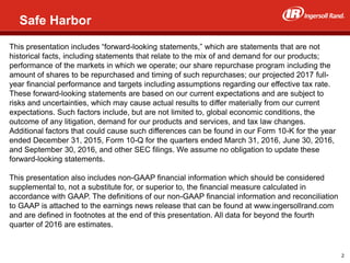 2
Safe Harbor
This presentation includes “forward-looking statements,” which are statements that are not
historical facts, including statements that relate to the mix of and demand for our products;
performance of the markets in which we operate; our share repurchase program including the
amount of shares to be repurchased and timing of such repurchases; our projected 2017 full-
year financial performance and targets including assumptions regarding our effective tax rate.
These forward-looking statements are based on our current expectations and are subject to
risks and uncertainties, which may cause actual results to differ materially from our current
expectations. Such factors include, but are not limited to, global economic conditions, the
outcome of any litigation, demand for our products and services, and tax law changes.
Additional factors that could cause such differences can be found in our Form 10-K for the year
ended December 31, 2015, Form 10-Q for the quarters ended March 31, 2016, June 30, 2016,
and September 30, 2016, and other SEC filings. We assume no obligation to update these
forward-looking statements.
This presentation also includes non-GAAP financial information which should be considered
supplemental to, not a substitute for, or superior to, the financial measure calculated in
accordance with GAAP. The definitions of our non-GAAP financial information and reconciliation
to GAAP is attached to the earnings news release that can be found at www.ingersollrand.com
and are defined in footnotes at the end of this presentation. All data for beyond the fourth
quarter of 2016 are estimates.
2
 