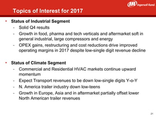 37
Topics of Interest for 2017
• Status of Industrial Segment
- Solid Q4 results
- Growth in food, pharma and tech verticals and aftermarket soft in
general industrial, large compressors and energy
- OPEX gains, restructuring and cost reductions drive improved
operating margins in 2017 despite low-single digit revenue decline
• Status of Climate Segment
- Commercial and Residential HVAC markets continue upward
momentum
- Expect Transport revenues to be down low-single digits Y-o-Y
- N. America trailer industry down low-teens
- Growth in Europe, Asia and in aftermarket partially offset lower
North American trailer revenues
21
 
