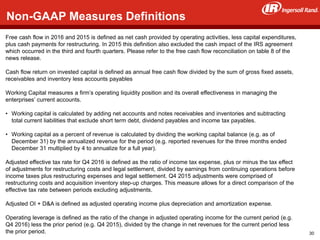46
Non-GAAP Measures Definitions
Free cash flow in 2016 and 2015 is defined as net cash provided by operating activities, less capital expenditures,
plus cash payments for restructuring. In 2015 this definition also excluded the cash impact of the IRS agreement
which occurred in the third and fourth quarters. Please refer to the free cash flow reconciliation on table 8 of the
news release.
Cash flow return on invested capital is defined as annual free cash flow divided by the sum of gross fixed assets,
receivables and inventory less accounts payables
Working Capital measures a firm’s operating liquidity position and its overall effectiveness in managing the
enterprises’ current accounts.
• Working capital is calculated by adding net accounts and notes receivables and inventories and subtracting
total current liabilities that exclude short term debt, dividend payables and income tax payables.
• Working capital as a percent of revenue is calculated by dividing the working capital balance (e.g. as of
December 31) by the annualized revenue for the period (e.g. reported revenues for the three months ended
December 31 multiplied by 4 to annualize for a full year).
Adjusted effective tax rate for Q4 2016 is defined as the ratio of income tax expense, plus or minus the tax effect
of adjustments for restructuring costs and legal settlement, divided by earnings from continuing operations before
income taxes plus restructuring expenses and legal settlement. Q4 2015 adjustments were comprised of
restructuring costs and acquisition inventory step-up charges. This measure allows for a direct comparison of the
effective tax rate between periods excluding adjustments.
Adjusted OI + D&A is defined as adjusted operating income plus depreciation and amortization expense.
Operating leverage is defined as the ratio of the change in adjusted operating income for the current period (e.g.
Q4 2016) less the prior period (e.g. Q4 2015), divided by the change in net revenues for the current period less
the prior period. 30
 