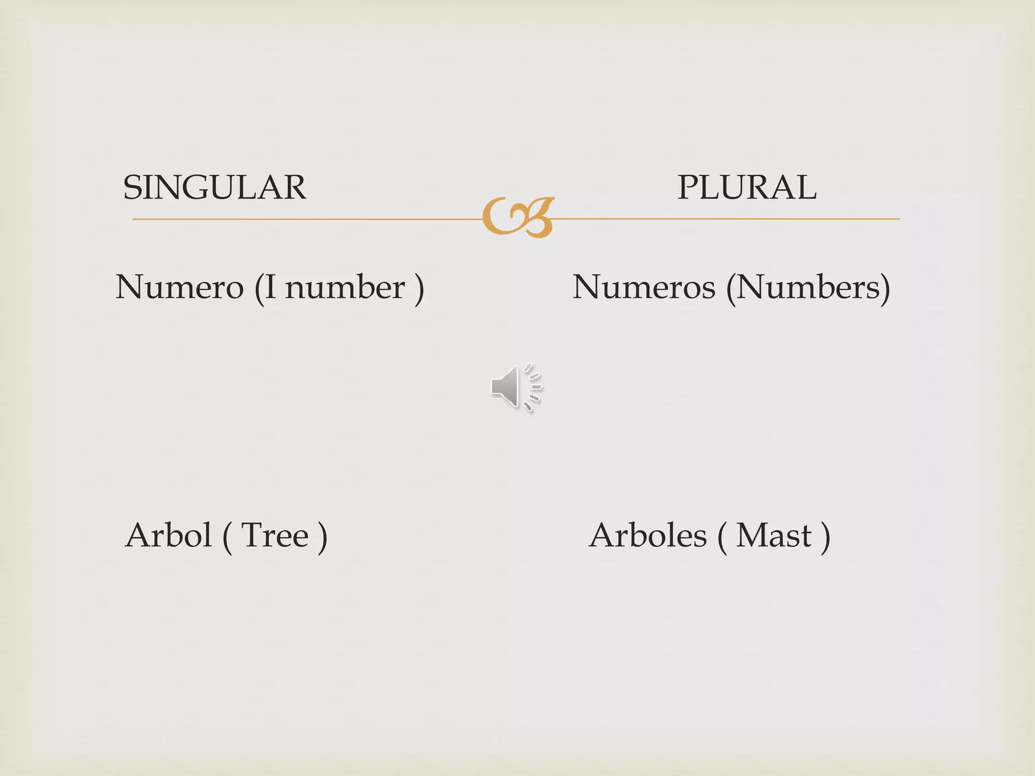 
SINGULAR PLURAL
Numero (I number ) Numeros (Numbers)
Arbol ( Tree ) Arboles ( Mast )