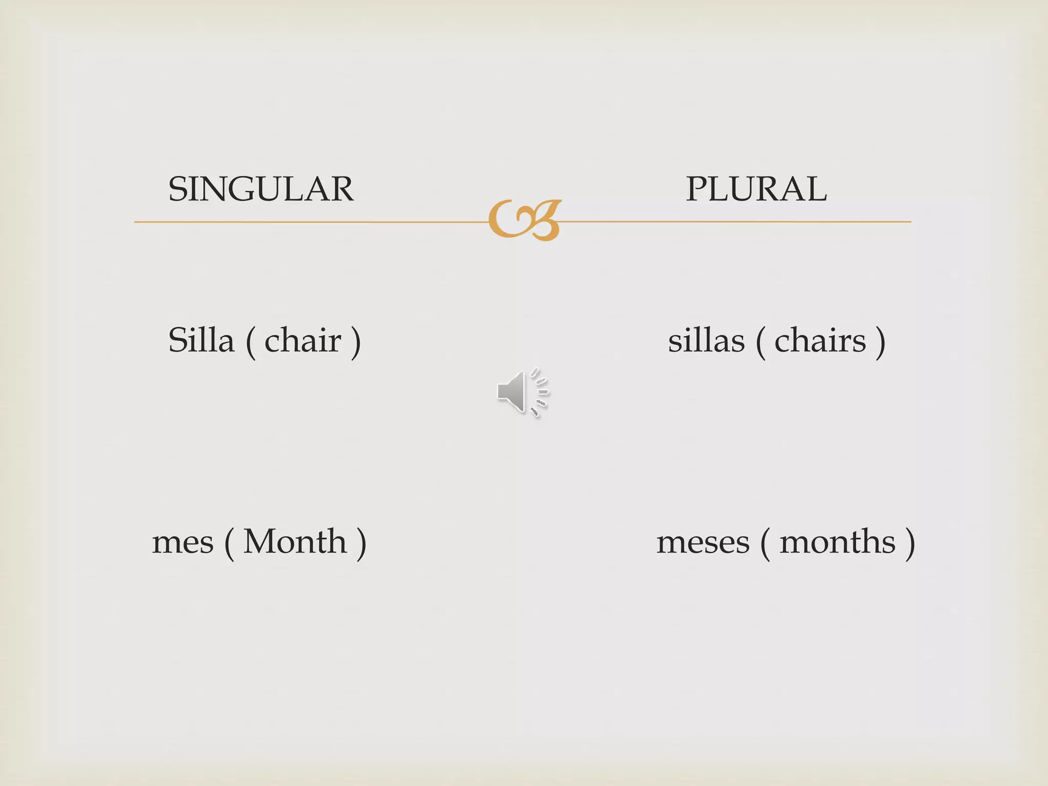 
SINGULAR PLURAL
Silla ( chair ) sillas ( chairs )
mes ( Month ) meses ( months )