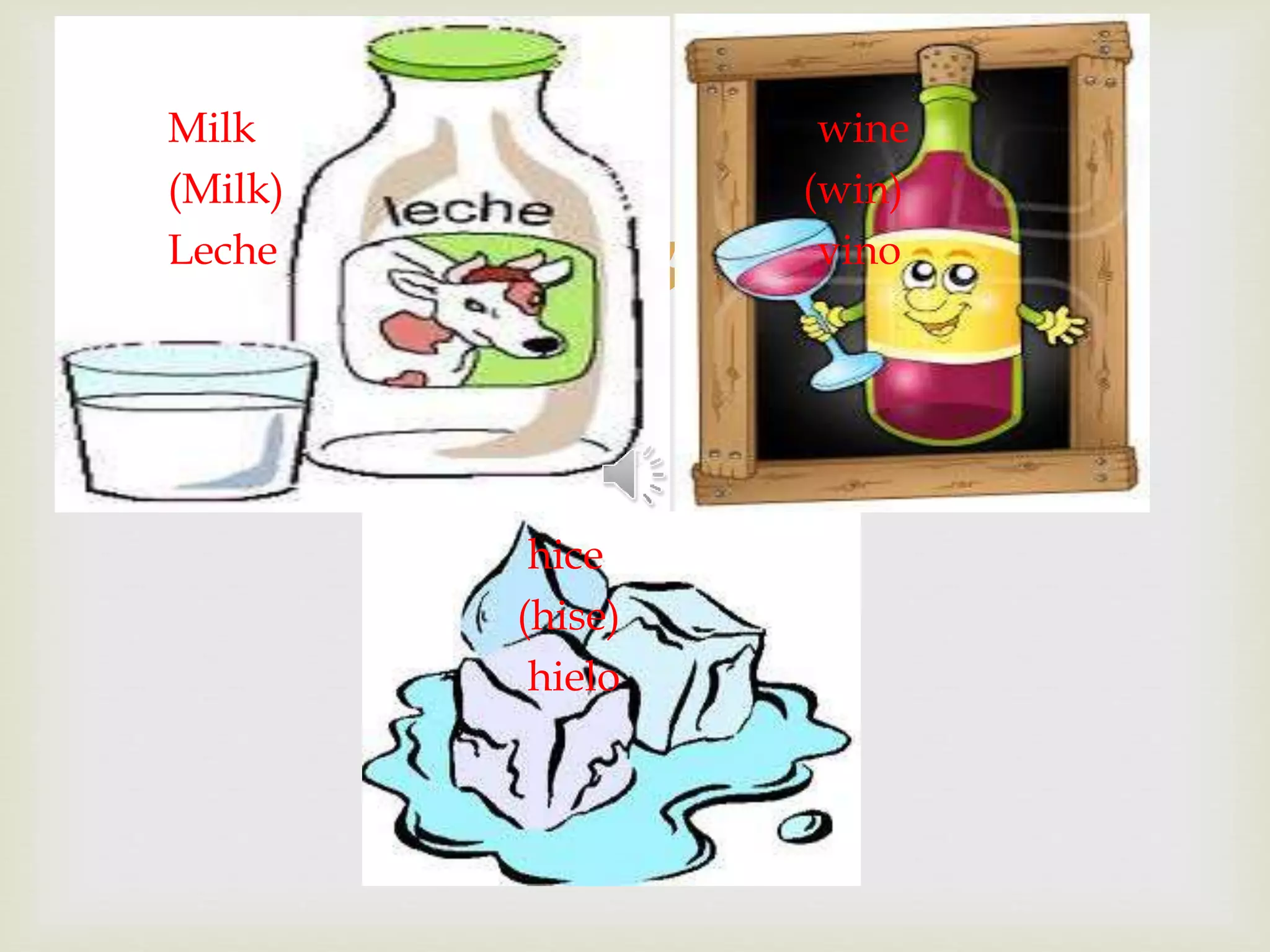 
Milk wine
(Milk) (win)
Leche vino
hice
(hise)
hielo