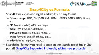 Snap4City vs Formats
• Snap4City is capable to ingest and work with any format:
– Data exchange: JSON, GeoJSON, XML, HTML,...