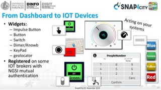 From Dashboard to IOT Devices
Snap4City (C), November 2019 155
• Widgets:
– Impulse Button
– Button
– Switch
– Dimer/Knowb...