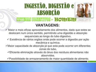 INGESTÃO, DIGESTÃO e
                    ABSORÇÃO
                        VANTAGENS:
 Maior e mais eficaz aproveitamento dos alimentos, dado que estes se
  deslocam num único sentido, permitindo uma digestão e absorção
                sequenciais ao longo do tubo digestivo.
  Existência de vários orgãos onde pode ocorrer a digestão por ação
                         mecânica e química.
Maior capacidade de absorção já que esta pode ocorrer em diferentes
                            zonas do tubo,
 Eficiente eliminação através do ânus dos resíduos alimentares não
                              absorvidos.
 Possibilidade de armazenamento de maior quantidade de alimento.
 
