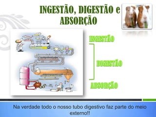 INGESTÃO, DIGESTÃO e
                ABSORÇÃO




Na verdade todo o nosso tubo digestivo faz parte do meio
                      externo!!
 