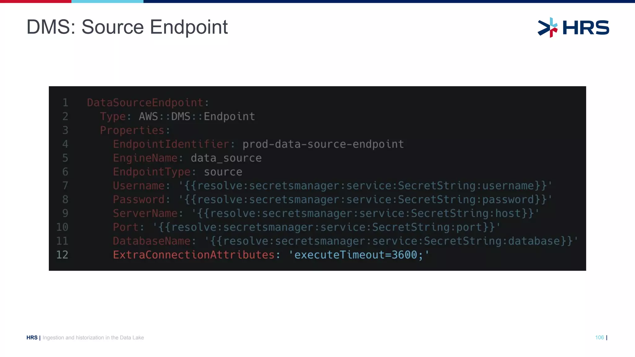 |
HRS |
DMS: Source Endpoint
Ingestion and historization in the Data Lake 106
 