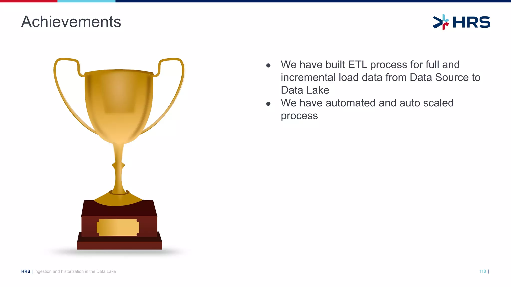 |
HRS |
● We have built ETL process for full and
incremental load data from Data Source to
Data Lake
● We have automated and auto scaled
process
Achievements
118
Ingestion and historization in the Data Lake
 
