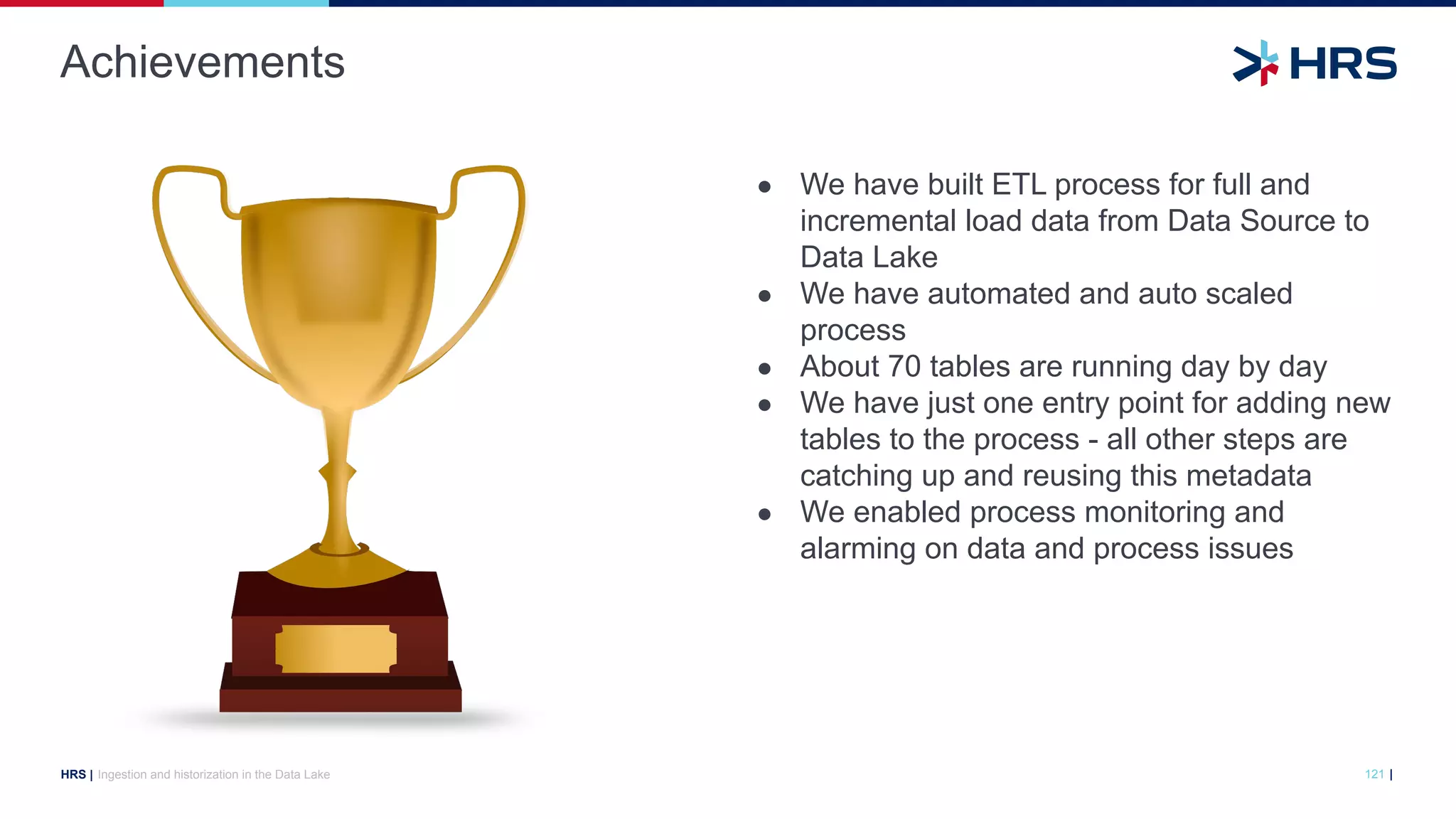 |
HRS |
● We have built ETL process for full and
incremental load data from Data Source to
Data Lake
● We have automated and auto scaled
process
● About 70 tables are running day by day
● We have just one entry point for adding new
tables to the process - all other steps are
catching up and reusing this metadata
● We enabled process monitoring and
alarming on data and process issues
Achievements
121
Ingestion and historization in the Data Lake
 