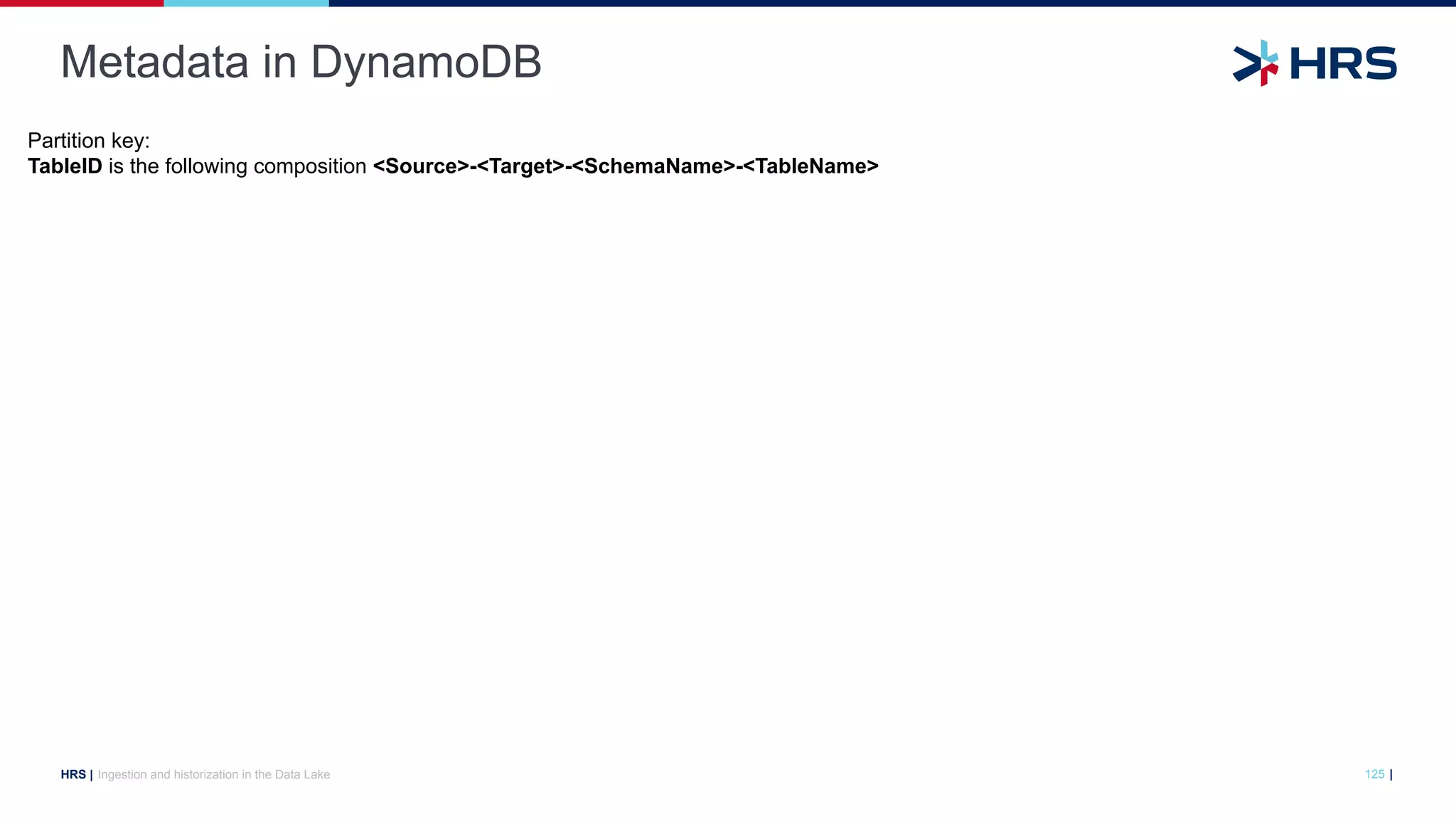 |
HRS |
Metadata in DynamoDB
Ingestion and historization in the Data Lake 125
Partition key:
TableID is the following composition <Source>-<Target>-<SchemaName>-<TableName>
 