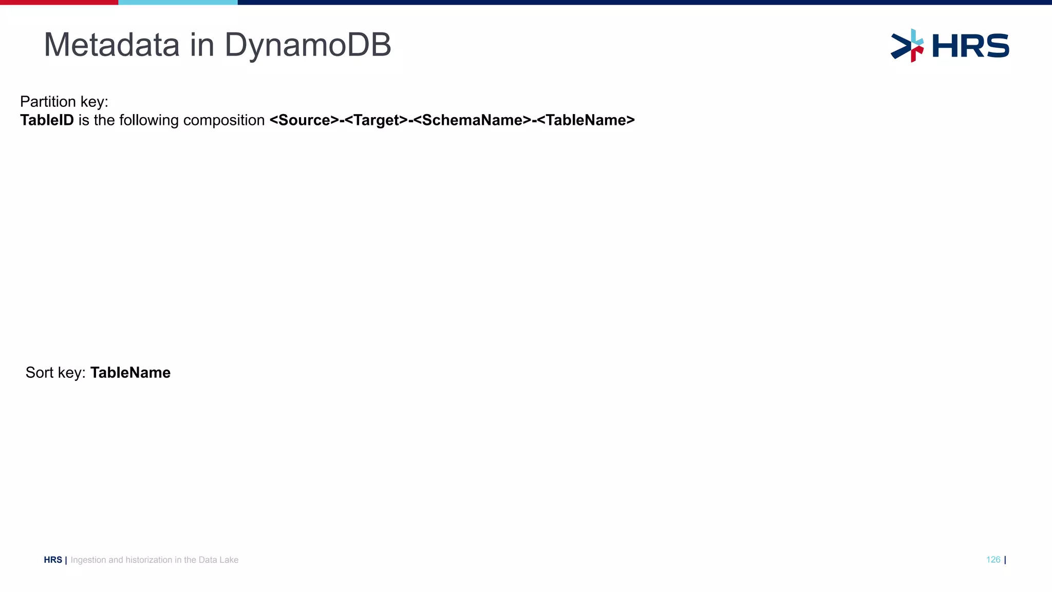 |
HRS |
Metadata in DynamoDB
Ingestion and historization in the Data Lake 126
Partition key:
TableID is the following composition <Source>-<Target>-<SchemaName>-<TableName>
Sort key: TableName
 
