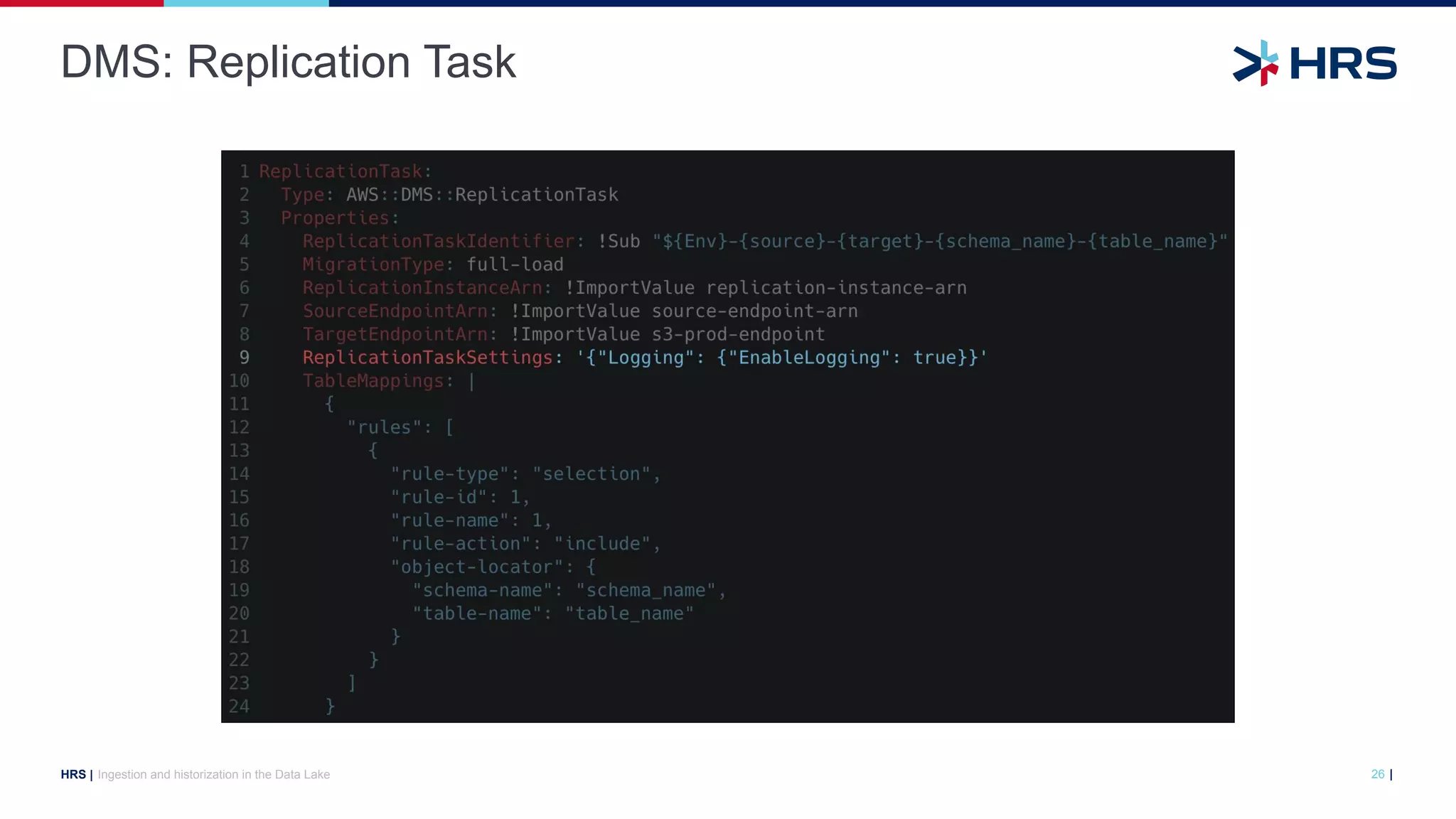 |
HRS |
DMS: Replication Task
Ingestion and historization in the Data Lake 26
 