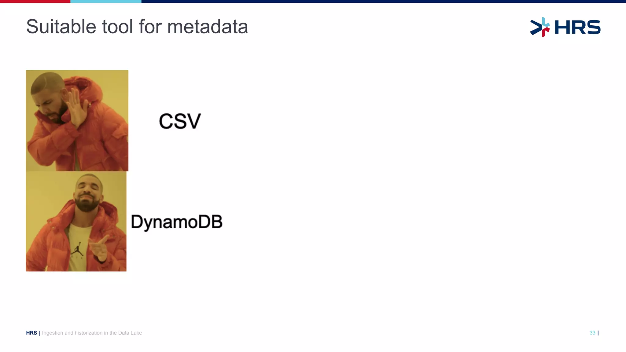 |
HRS |
Suitable tool for metadata
Ingestion and historization in the Data Lake 33
 