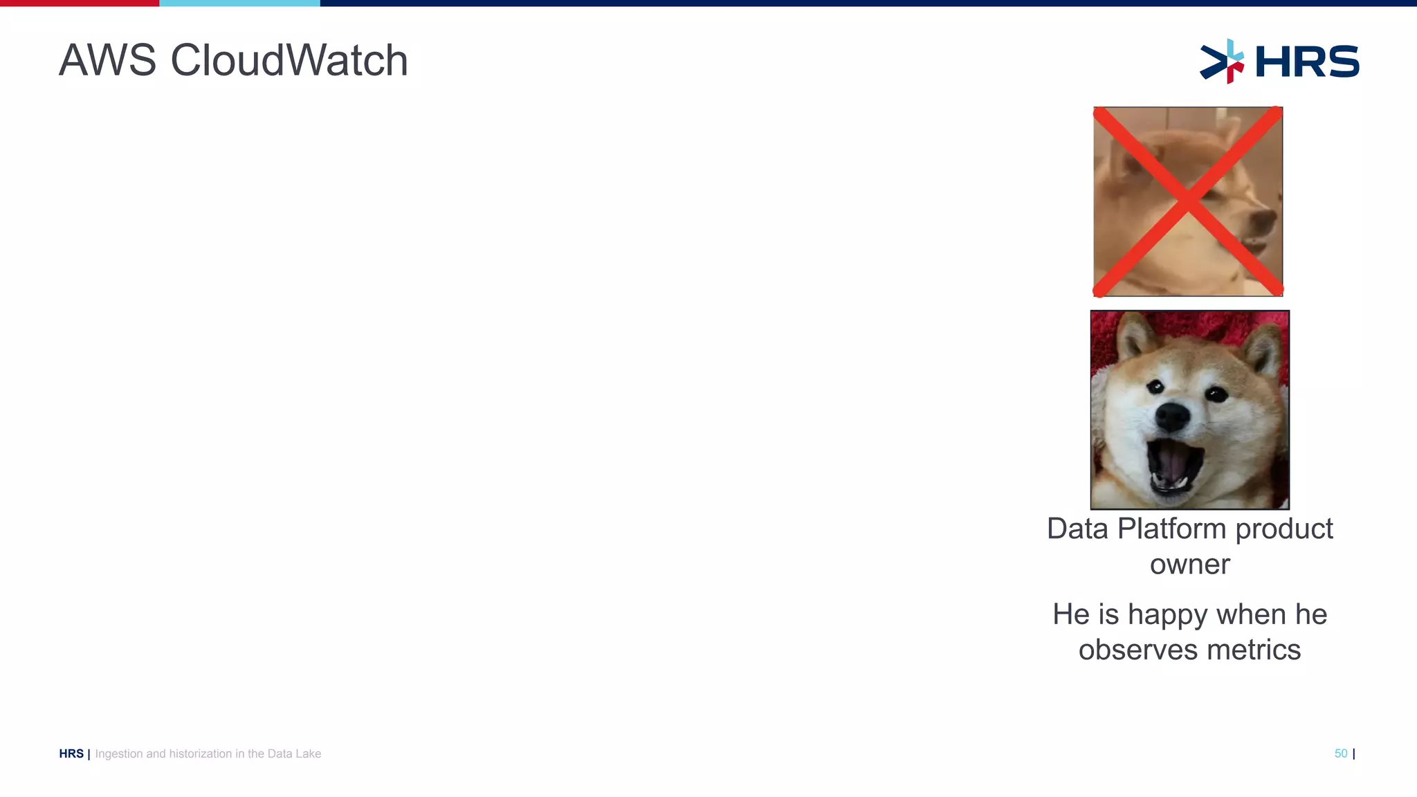 |
HRS |
AWS CloudWatch
Ingestion and historization in the Data Lake 50
Data Platform product
owner
He is happy when he
observes metrics
 