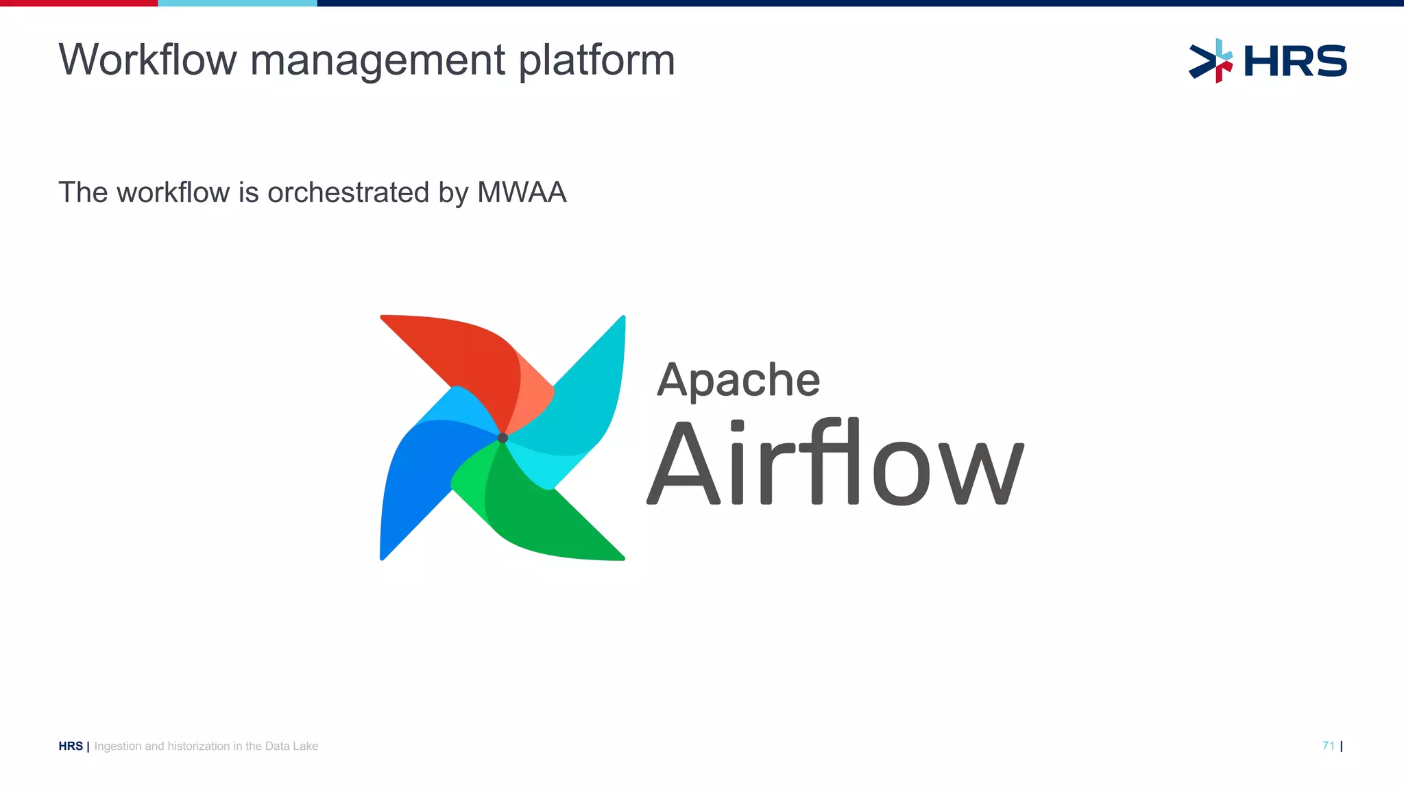 |
HRS |
The workflow is orchestrated by MWAA
Workflow management platform
Ingestion and historization in the Data Lake 71
 