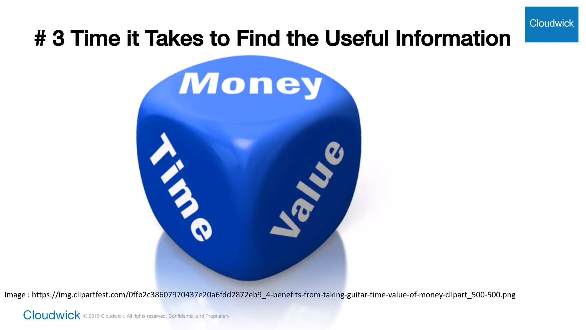 Cloudwick © 2015 Cloudwick. All rights reserved. Confidential and Proprietary.
# 3 Time it Takes to Find the Useful Information
Cloudwick
Image	:	https://img.clipartfest.com/0ffb2c38607970437e20a6fdd2872eb9_4-benefits-from-taking-guitar-time-value-of-money-clipart_500-500.png
 