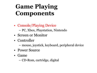 Game Playing Components Console/Playing Device  PC, Xbox, Playstation, Nintendo Screen or Monitor Controller  mouse, joystick, keyboard, peripheral device Power Source Game  CD-Rom, cartridge, digital 