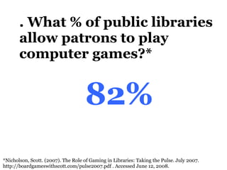 8. What % of public libraries allow patrons to play computer games?* 82% *Nicholson, Scott. (2007). The Role of Gaming in Libraries: Taking the Pulse. July 2007.  http://boardgameswithscott.com/pulse2007.pdf . Accessed June 12, 2008. 