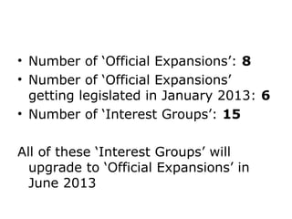 • Number of ‘Official Expansions’: 8
• Number of ‘Official Expansions’
  getting legislated in January 2013: 6
• Number of ‘Interest Groups’: 15

All of these ‘Interest Groups’ will
  upgrade to ‘Official Expansions’ in
  June 2013
 